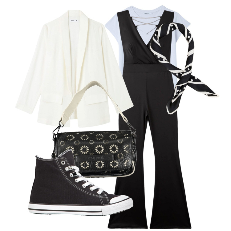 Outfit donna - Jumpsuit in città. Stile Basic per Tutti i giorni. Abbinamento con sneakers alte, tute, blazer, t-shirt, foulard, borse a spalla.