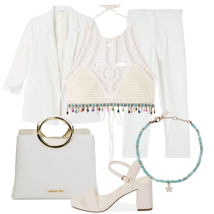 Outfit donna - Candidamente in bianco. Stile Chic per Cerimonia. Abbinamento con pantaloni chino, top, blazer, braccialetti, sandali col tacco, borse a mano.