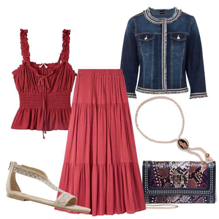 Outfit donna - Primavera. Stile Etnico per Tutti i giorni. look ideale per Tall. Abbinamento con blazer, sandali, gonne lunghe, top, pochette, braccialetti.