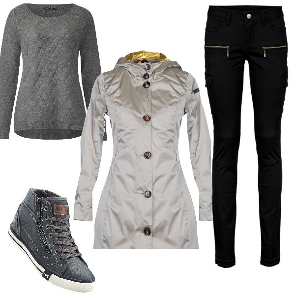 Outfit donna - Tempo libero. Stile Rock per Tutti i giorni. look ideale per Petite. Abbinamento con pantaloni cargo, sneakers con zip grigio, soprabito collo alto a maniche lunghe interno sfoderato in tessuto tecnico tinta unita, maglione melange grigio.
