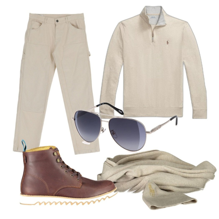 Outfit uomo - Ufficio comodità. Stile Casual per Tutti i giorni. Abbinamento con pantaloni, pullovers, sciarpe, occhiali da sole, stivali.