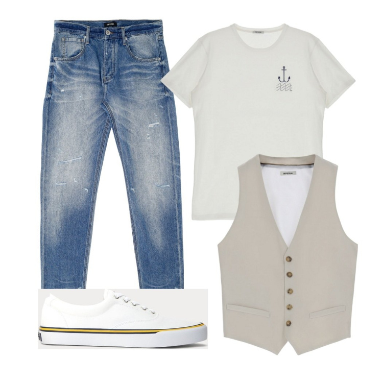 Outfit uomo - Ufficio. Stile Trendy per Ufficio. Abbinamento con jeans dritti, gilet, t-shirt, sneakers.