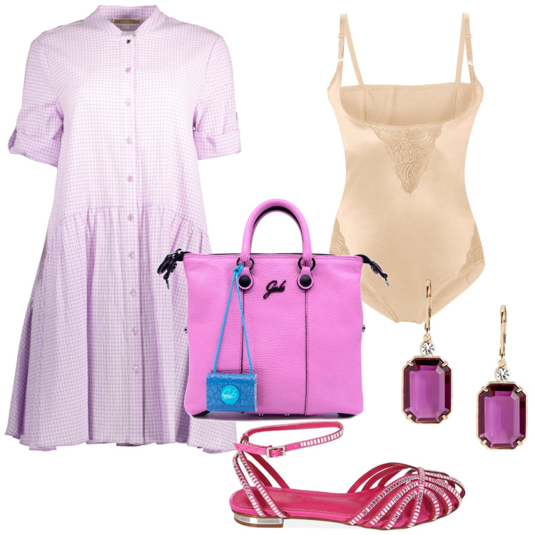 Outfit donna - Giornata estiva. Stile Casual chic per Tutti i giorni. Abbinamento con body, ballerine, orecchini, vestiti corti, shopping bag.