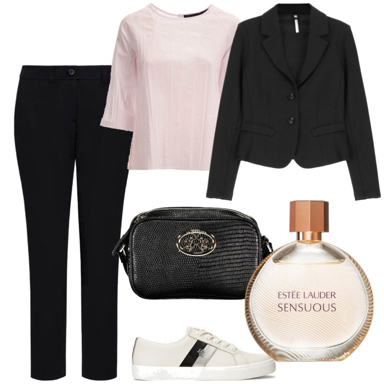 Outfit donna - Serata fuori con le sneakers. Stile Mannish per Serata fuori. Abbinamento con profumi, blazer, sneakers, pantaloni, borse a tracolla, bluse.
