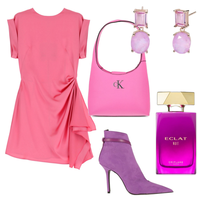 Outfit donna - Serata in corso. Stile Chic per Serata fuori. Abbinamento con stivaletti, profumi, orecchini, vestiti corti, borse a spalla.