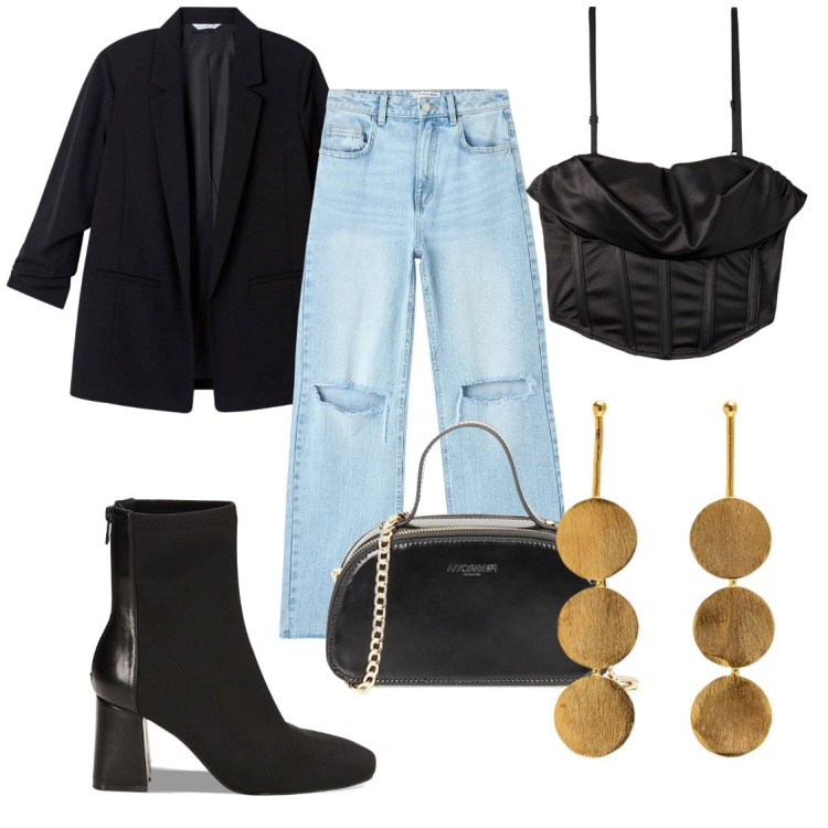 Outfit donna - Sabato sera a zonzo. Stile Casual chic per Serata fuori. Abbinamento con jeans strappati, blazer, body, stivaletti, borse a mano, orecchini.