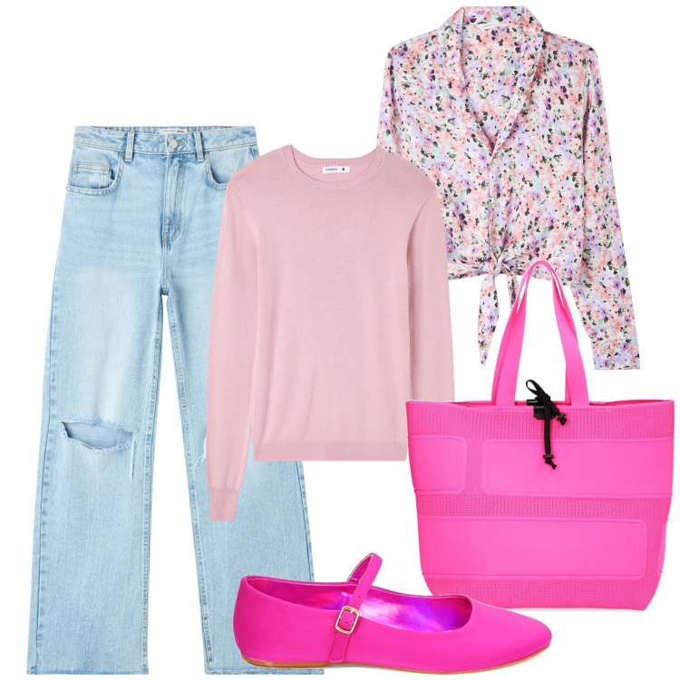 Outfit donna - Primavera in fiore. Stile Casual chic per Tutti i giorni. Abbinamento con jeans strappati, maglieria, camicie, borse a spalla, ballerine.