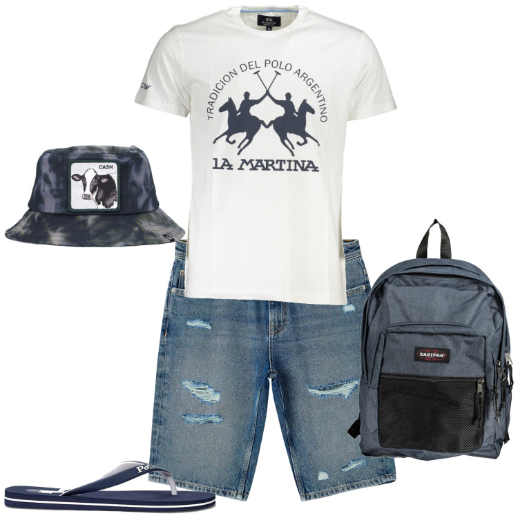 Outfit uomo - In spiaggia al mare. Stile Casual per Mare. Abbinamento con shorts, sandali, cappelli, t-shirt, borse sportive.