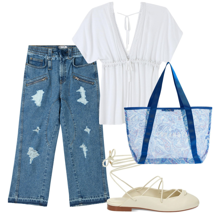 Outfit donna - Bianco e azzurro. Stile Casual chic per Tutti i giorni. Abbinamento con jeans strappati, caftani, shopping bag, ballerine.