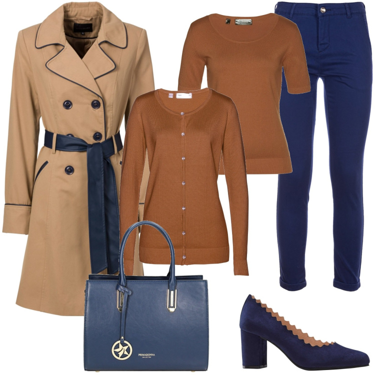 Outfit donna - In ufficio. Stile Casual per Ufficio. Abbinamento con maglieria, trench, cardigans, décolleté, pantaloni, borse a mano.