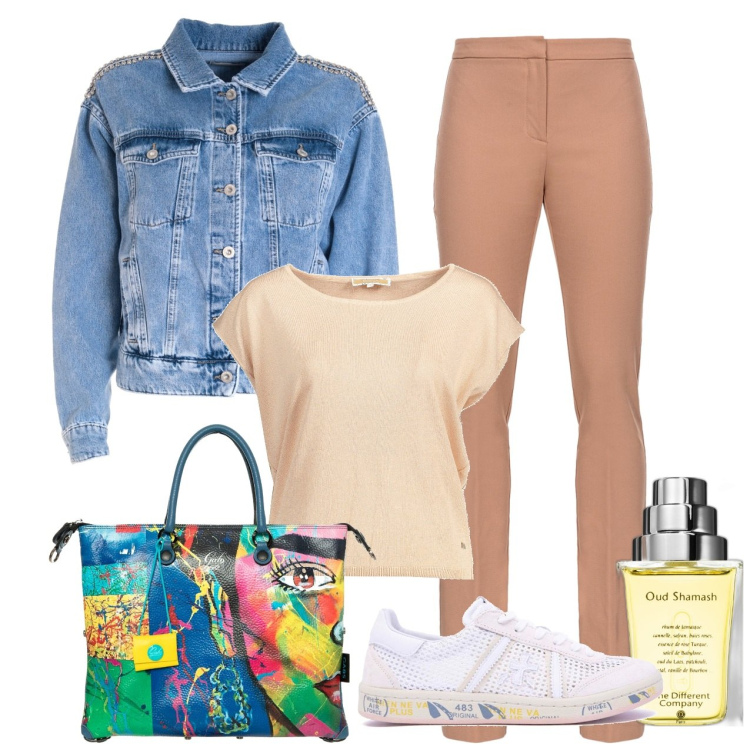 Outfit donna - Un passo avanti. Stile Basic per Tutti i giorni. Abbinamento con profumi, pantaloni, giacche, sneakers, t-shirt, shopping bag.