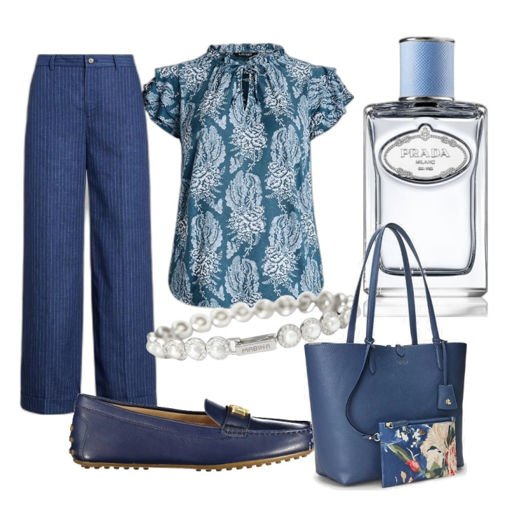 Outfit donna - Blu spring. Stile Casual per Tutti i giorni. Abbinamento con profumi, braccialetti, top, pantaloni, borse tote, ballerine.