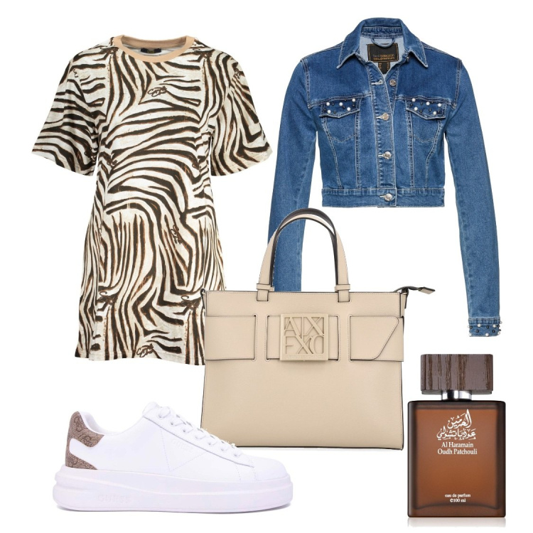 Outfit donna - Il miniabito animalier. Stile Casual per Tutti i giorni. Abbinamento con blazer, profumi, vestiti corti, borse tote, sneakers.