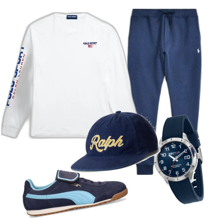 Outfit uomo - Sport brunch. Stile Casual per Tutti i giorni. Abbinamento con cappelli, pantaloni, t-shirt, orologi, sneakers.
