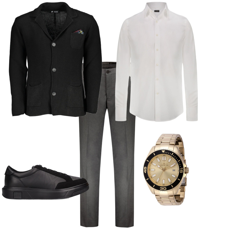 Outfit uomo - Casual chic per una serata. Stile Casual per Serata speciale. Abbinamento con orologi, pantaloni, cardigans, sneakers, camicie.