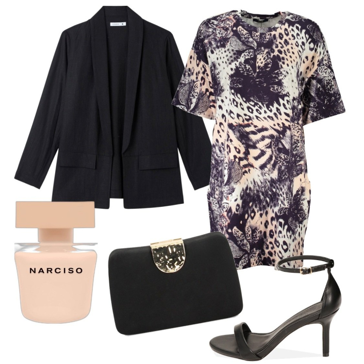 Outfit donna - Il miniabito animalier. Stile Etnico per Serata fuori. Abbinamento con profumi, blazer, sandali col tacco, clutch, vestiti corti.