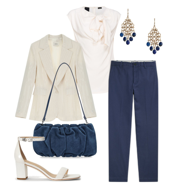 Outfit donna - Easy Chic per una cerimonia. Stile Chic per Cerimonia. Abbinamento con top, blazer, pantaloni chino, sandali in pelle, orecchini, borse a mano.