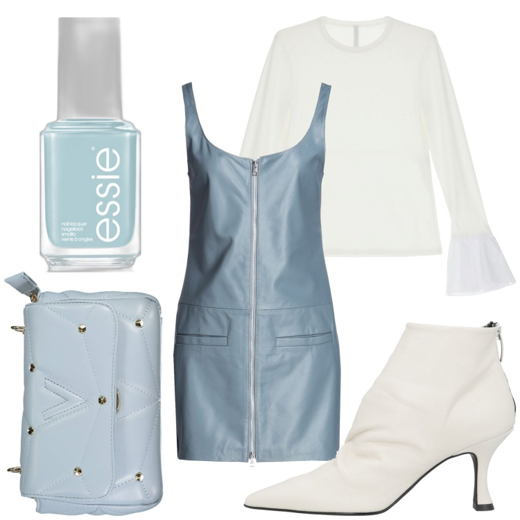 Outfit donna - Sfumature del cielo. Stile Trendy per Serata fuori. Abbinamento con stivaletti, vestiti corti, smalti, t-shirt, borse a tracolla.