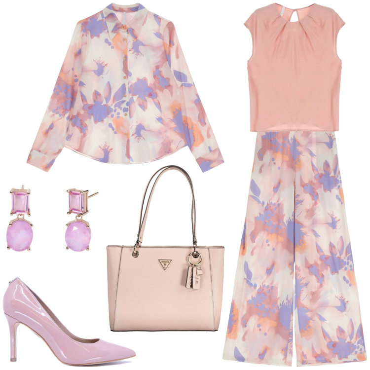 Outfit donna - Lilla e rosa pastello. Stile Basic per Ufficio. Abbinamento con orecchini, pantaloni, camicie, top, borse a spalla, décolleté.