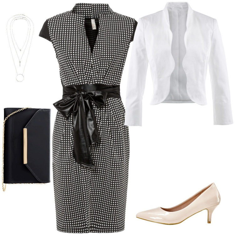Outfit donna - Cerimonia ad aprile. Stile Chic per Cerimonia. Abbinamento con blazer, ciondoli, vestiti, décolleté, pochette.