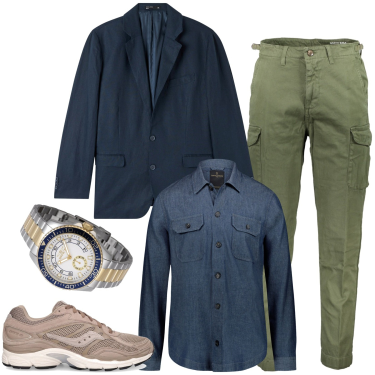 Outfit uomo - Camicia e giacca blu scuro. Stile Casual per Tutti i giorni. Abbinamento con orologi, giacche, camicie, sneakers, pantaloni.