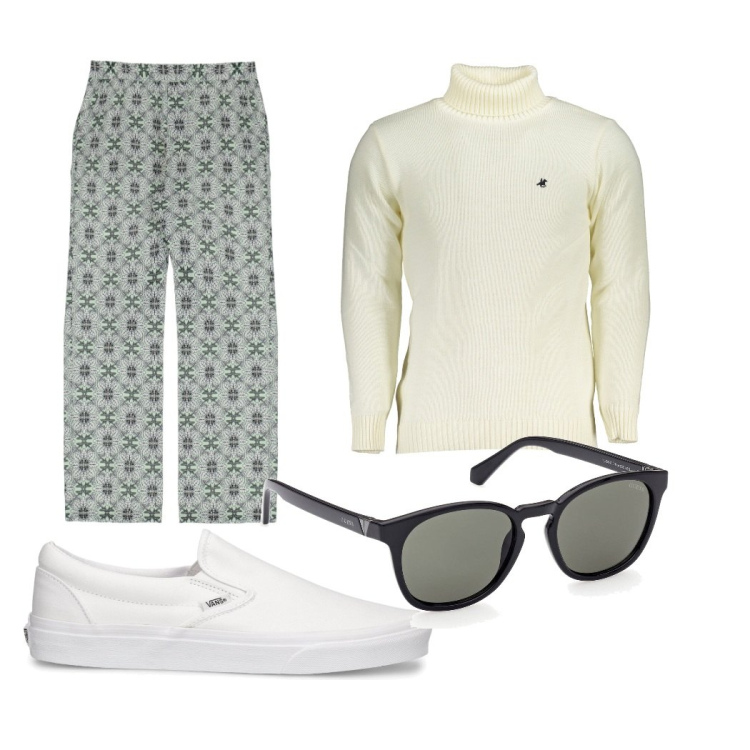 Outfit uomo - Brunch. Stile Trendy per Tutti i giorni. Abbinamento con pantaloni, occhiali da sole, maglieria, sneakers.