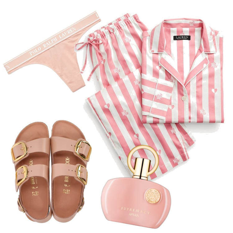 Outfit donna - Aprile dolce dormire. Stile Romantica per Tutti i giorni. Abbinamento con profumi, pigiama, perizomi, ciabatte.