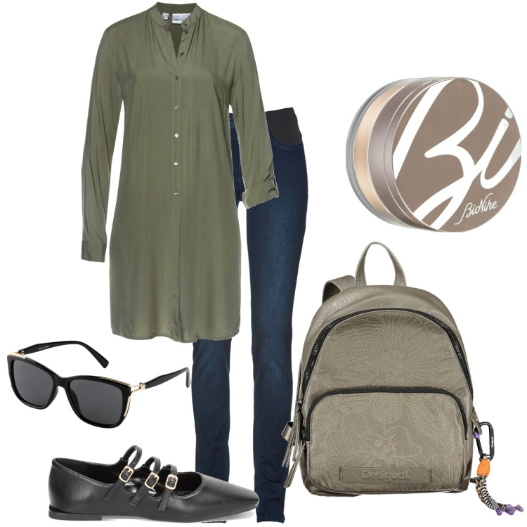 Outfit donna - Total look #1851987. Stile Casual per Tutti i giorni. Abbinamento con jeans skinny, occhiali da sole, camicie, fondotinta, ballerine, zaini.