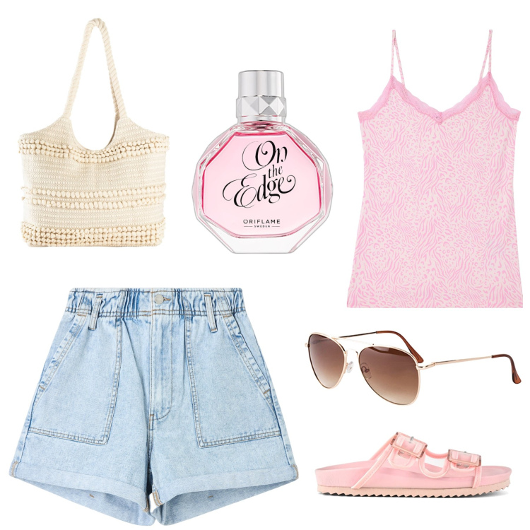 Outfit donna - City life. Stile Casual per Tutti i giorni. Abbinamento con occhiali da sole, shopping bag, profumi, shorts, canottiere, sandali.