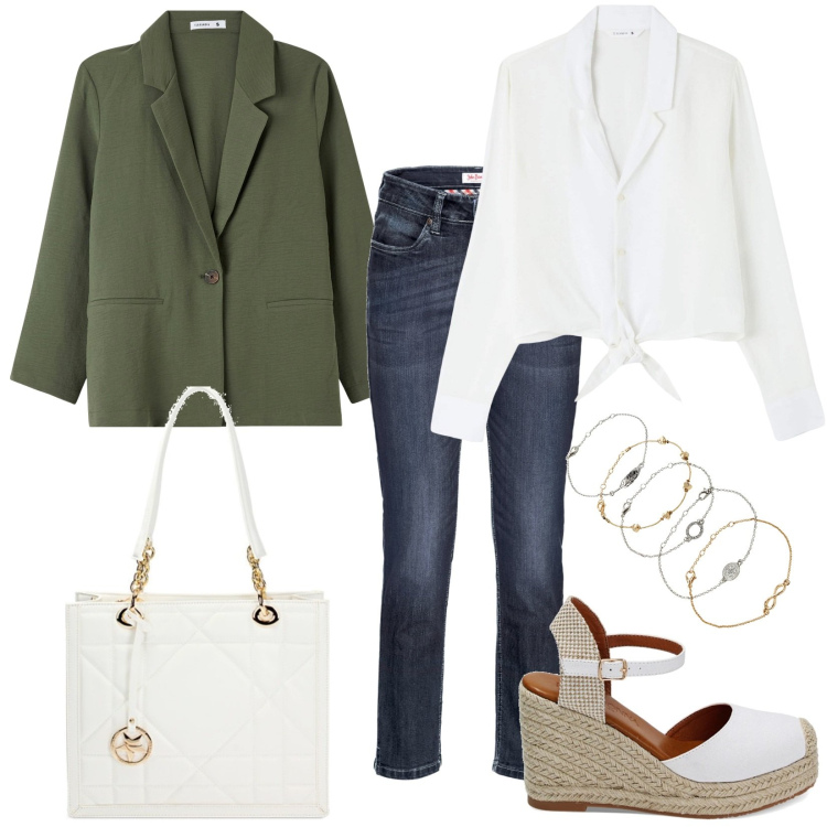 Outfit donna - Camicia bianca con nodo. Stile Casual per Tutti i giorni. Abbinamento con jeans, braccialetti con ciondoli, camicie, blazer, zeppe, borse a spalla.