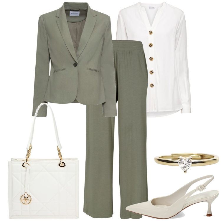 Outfit donna - Il verde militare può essere chic. Stile Chic per Ufficio. Abbinamento con pantaloni, blazer, camicie, anelli, décolleté, borse a spalla.