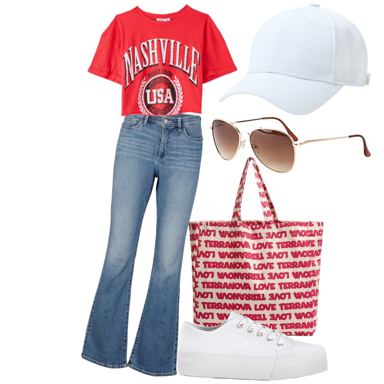 Outfit donna - City. Stile Casual per Tutti i giorni. Abbinamento con occhiali da sole, sneakers, jeans bootcut, cappelli, borse tote, t-shirt.