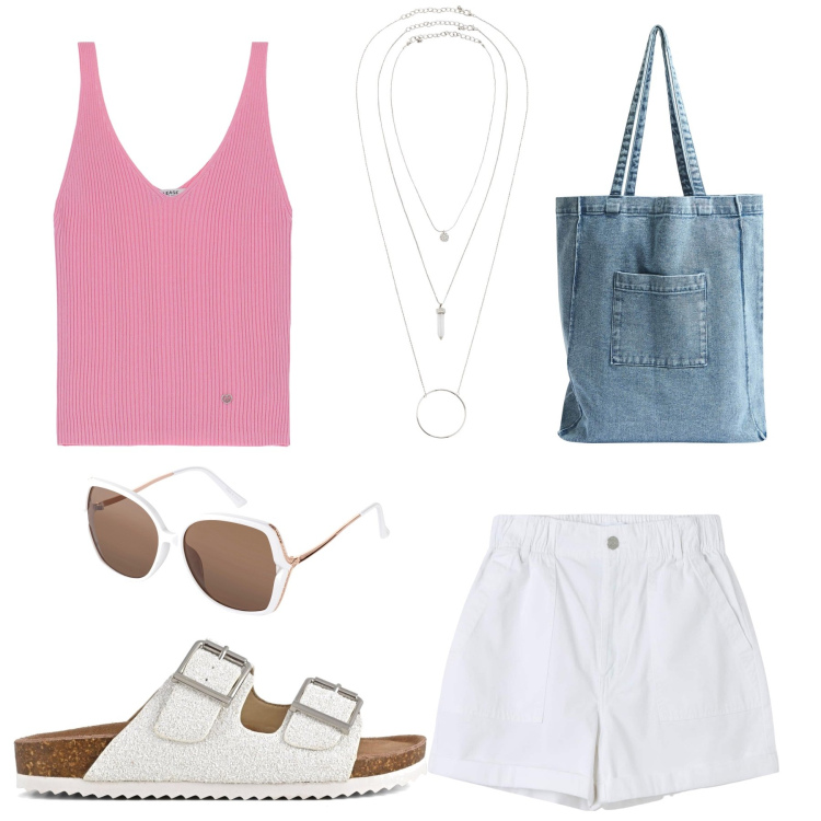 Outfit donna - Total look #1852006. Stile Trendy per Tutti i giorni. Abbinamento con ciondoli, occhiali da sole, shopping bag, shorts, top, sandali.