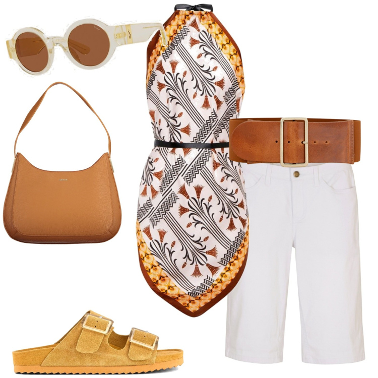 Outfit donna - Fa caldo. Stile Casual per Tutti i giorni. Abbinamento con bermuda, cinture, occhiali da sole, sandali, top, borse a spalla.