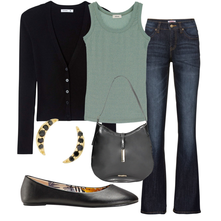 Outfit donna - Back to basics. Stile Casual per Tutti i giorni. Abbinamento con ballerine, jeans bootcut, cardigans, borse a spalla, top, orecchini.