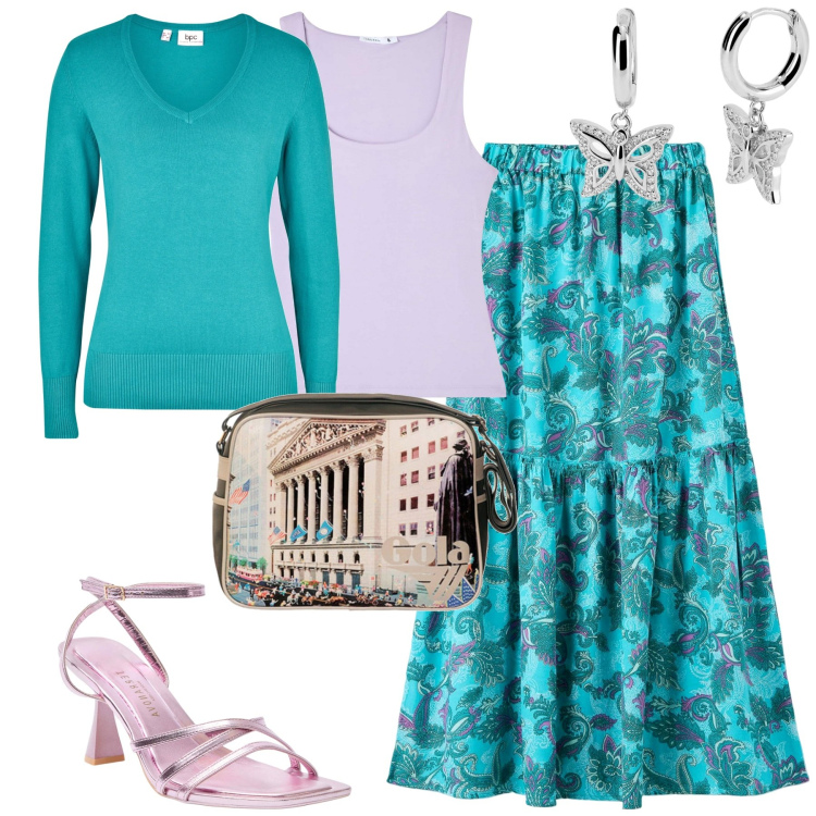 Outfit donna - City. Stile Urban per Tutti i giorni. Abbinamento con maglieria, canottiere, gonne lunghe, sandali col tacco, orecchini, borse a spalla.