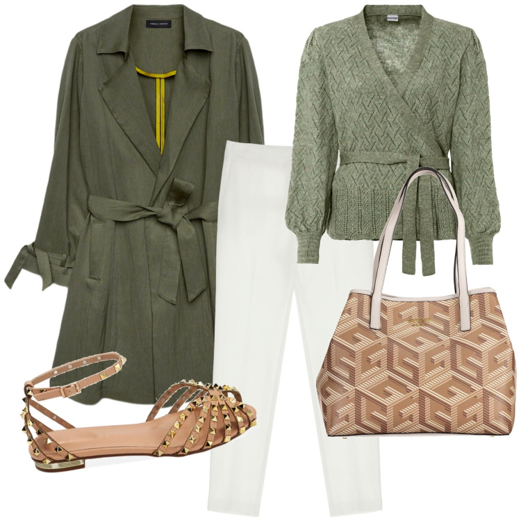 Outfit donna - Aprile, non ti scoprire!. Stile Casual chic per Ufficio. Abbinamento con maglieria, pantaloni, ballerine, trench, borse a spalla.