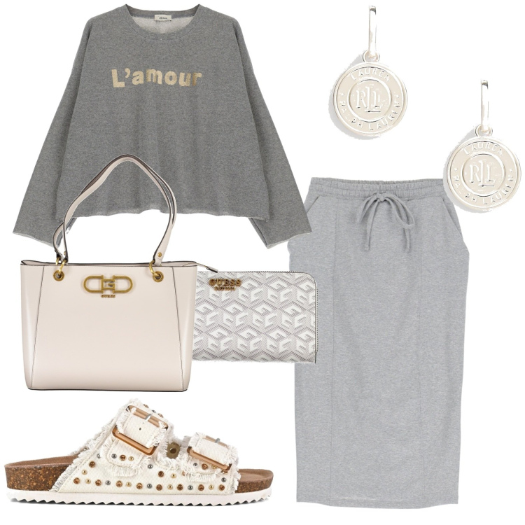 Outfit donna - Gonna sportiva. Stile Casual per Tutti i giorni. Abbinamento con gonne longuette, felpe, orecchini, sandali, portafogli, borse a spalla.