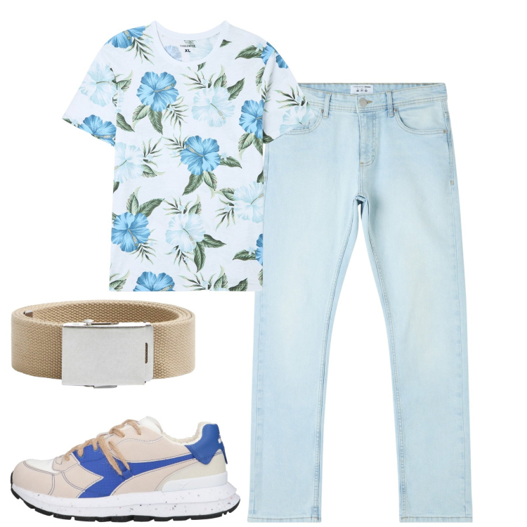 Outfit uomo - City. Stile Casual per Tutti i giorni. Abbinamento con sneakers, jeans dritti, t-shirt, cinture.