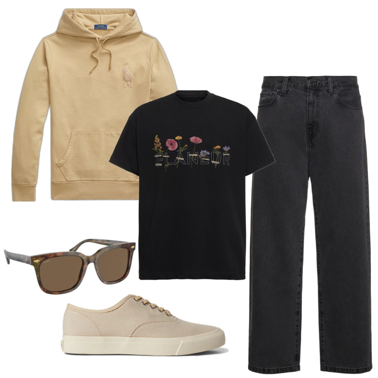 Outfit uomo - Just now. Stile Urban per Tutti i giorni. Abbinamento con sneakers, occhiali da sole, felpe con cappuccio, pantaloni, t-shirt.
