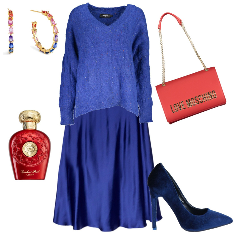 Outfit donna - Blu/rosso. Stile Chic per Tutti i giorni. Abbinamento con décolleté, orecchini, profumi, maglieria, gonne lunghe, borse a tracolla.