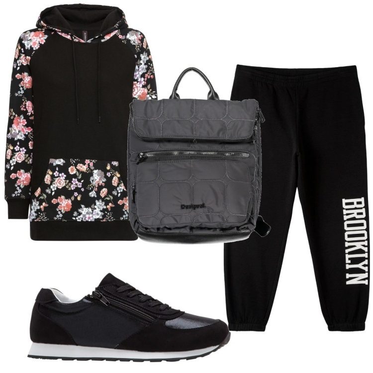 Outfit donna - Total look #1852085. Stile Basic per Sport. Abbinamento con sneakers, felpe con cappuccio, pantaloni, zaini.