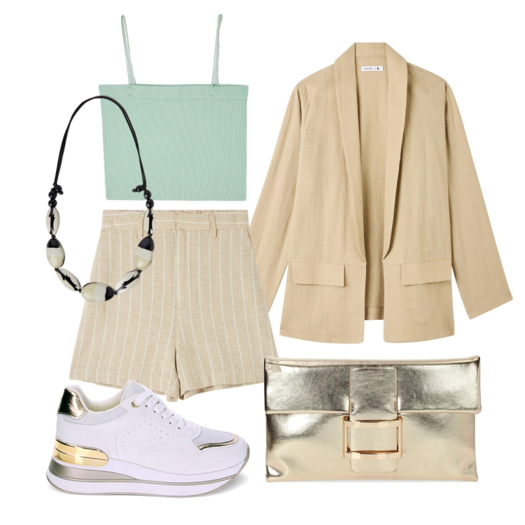Outfit donna - Ghost outfitter - aprile. Stile Trendy per Tutti i giorni. Abbinamento con bermuda, canottiere, blazer, sneakers, pochette, collane.