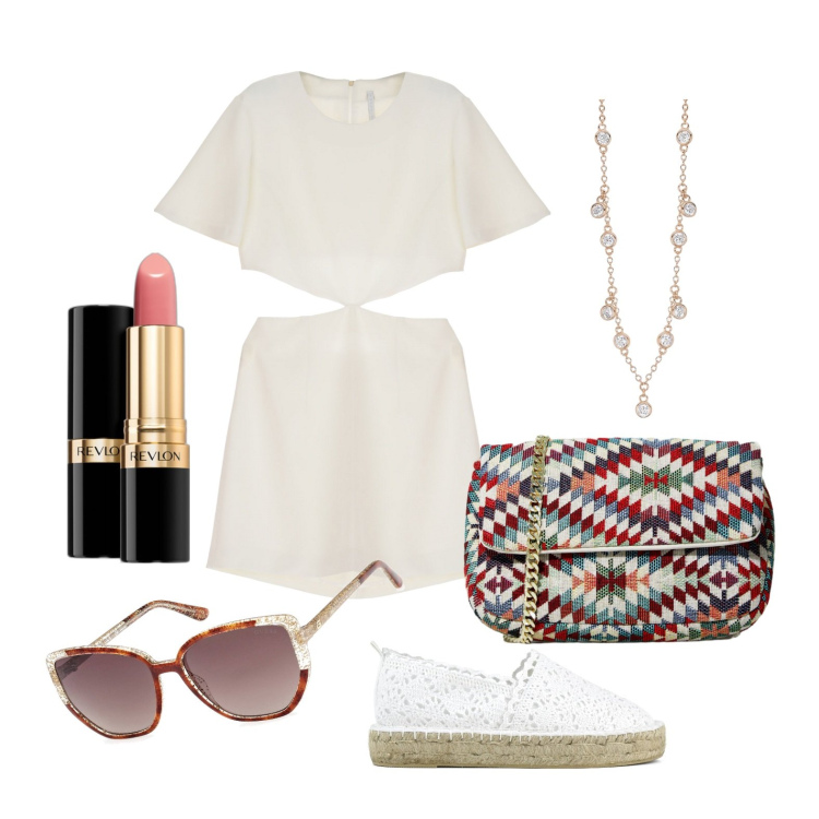 Outfit donna - Ghost outfitter - aprile. Stile Trendy per Tutti i giorni. Abbinamento con rossetti, collane, vestiti corti, pochette, occhiali da sole, espadrillas.