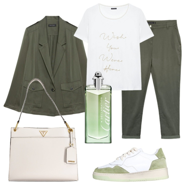 Outfit donna - Curvy chic. Stile Casual chic per Tutti i giorni. Abbinamento con profumi, sneakers, pantaloni, t-shirt, blazer, borse a spalla.