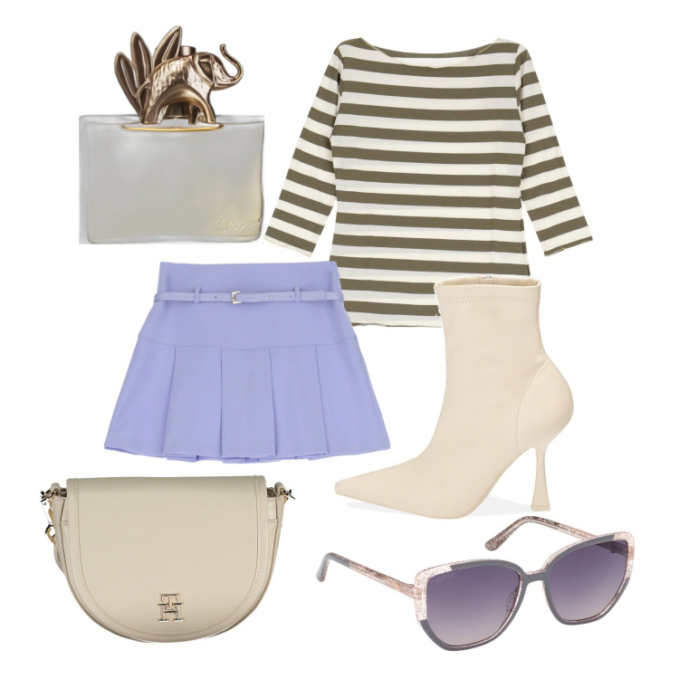 Outfit donna - Sbarazzina con le righe. Stile Casual chic per Tutti i giorni. Abbinamento con profumi, minigonne, stivaletti, t-shirt, occhiali da sole, borse a tracolla.