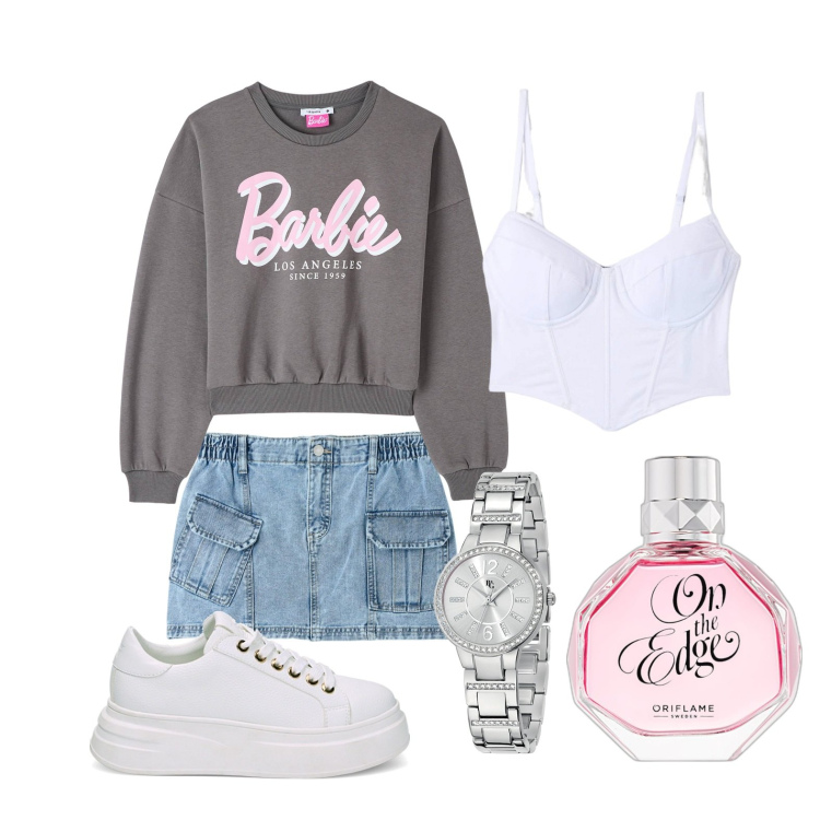 Outfit donna - Mille cose da fare. Stile Sporty chic per Tutti i giorni. Abbinamento con orologi, profumi, felpe, top, minigonne, sneakers.