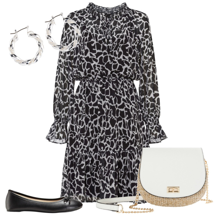 Outfit donna - Aprile. Stile Chic per Cerimonia. Abbinamento con borse a tracolla, ballerine, orecchini, vestiti corti.