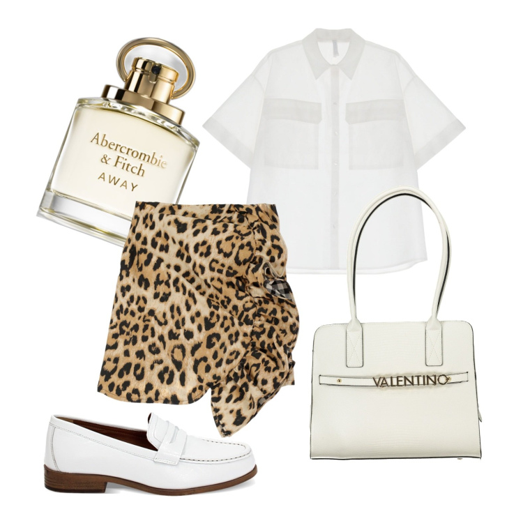 Outfit donna - Caldo in città. Stile Trendy per Tutti i giorni. Abbinamento con profumi, camicie a manica corta, mocassini, minigonne, borse a spalla.