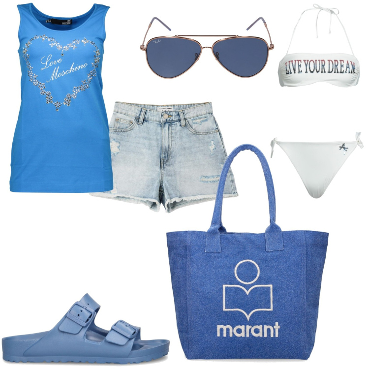 Outfit donna - Arrivo al mare. Stile Casual per Mare. Abbinamento con bikini, shorts, canottiere, shopping bag, occhiali da sole, sandali.
